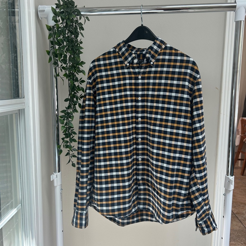 Gently Used J.Crew Flex Oxford Slim Plaid Shirt Navy Yellow B30079 Mens XL